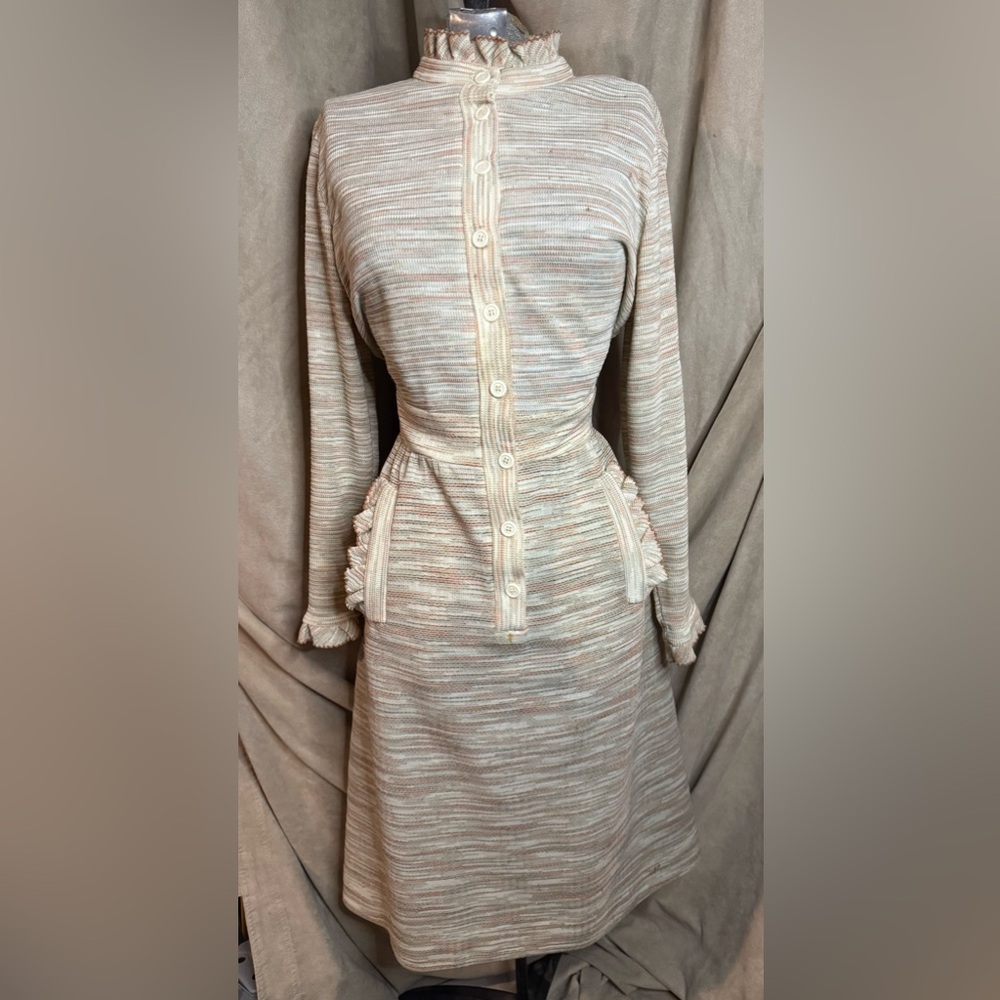VTG My Latest Leslie Fay Blush, Cream & Tan CottageCore Knit Prairie Dress